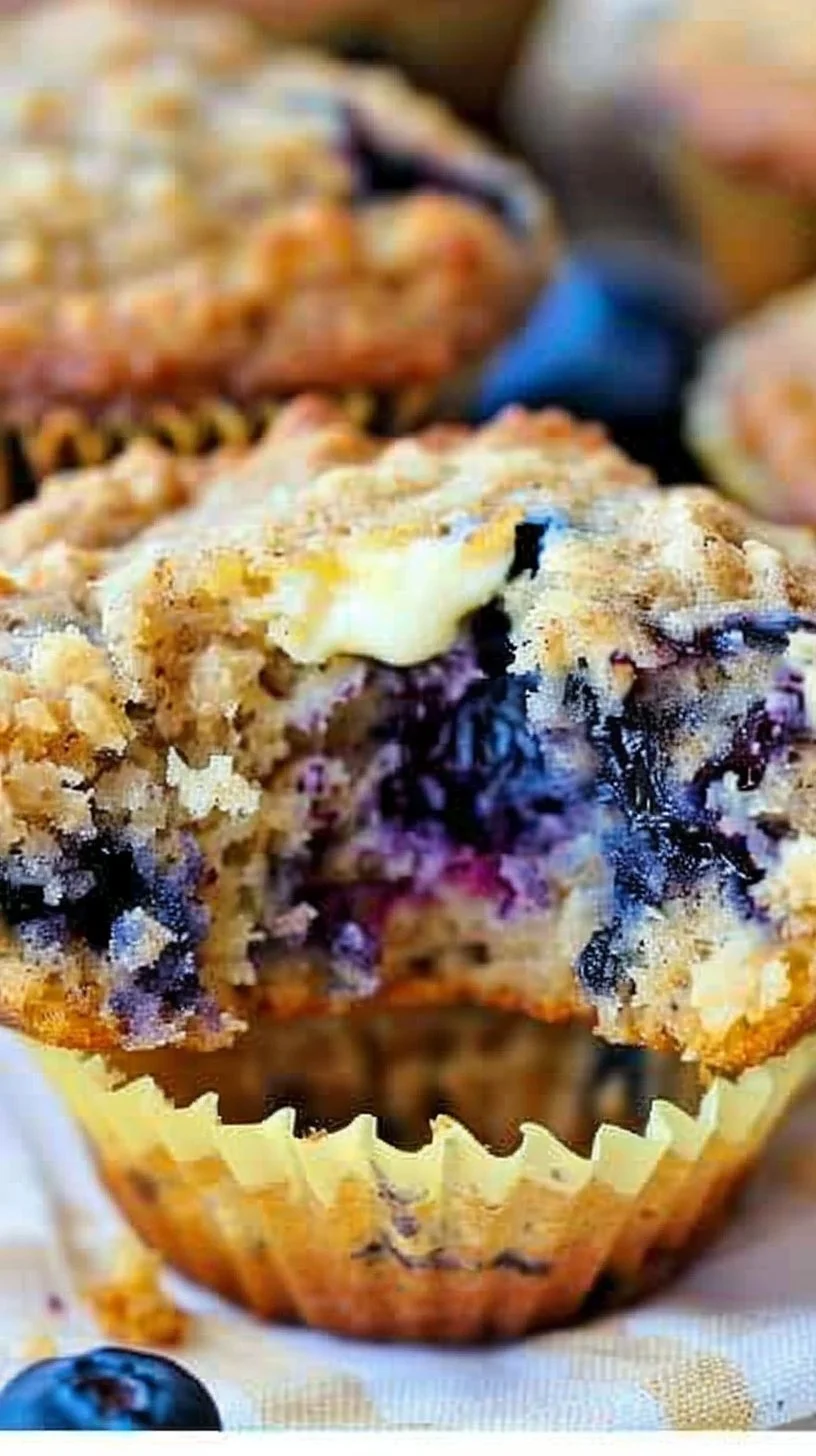 Oatmeal blueberry cream cheese muffin on a rustic wooden table