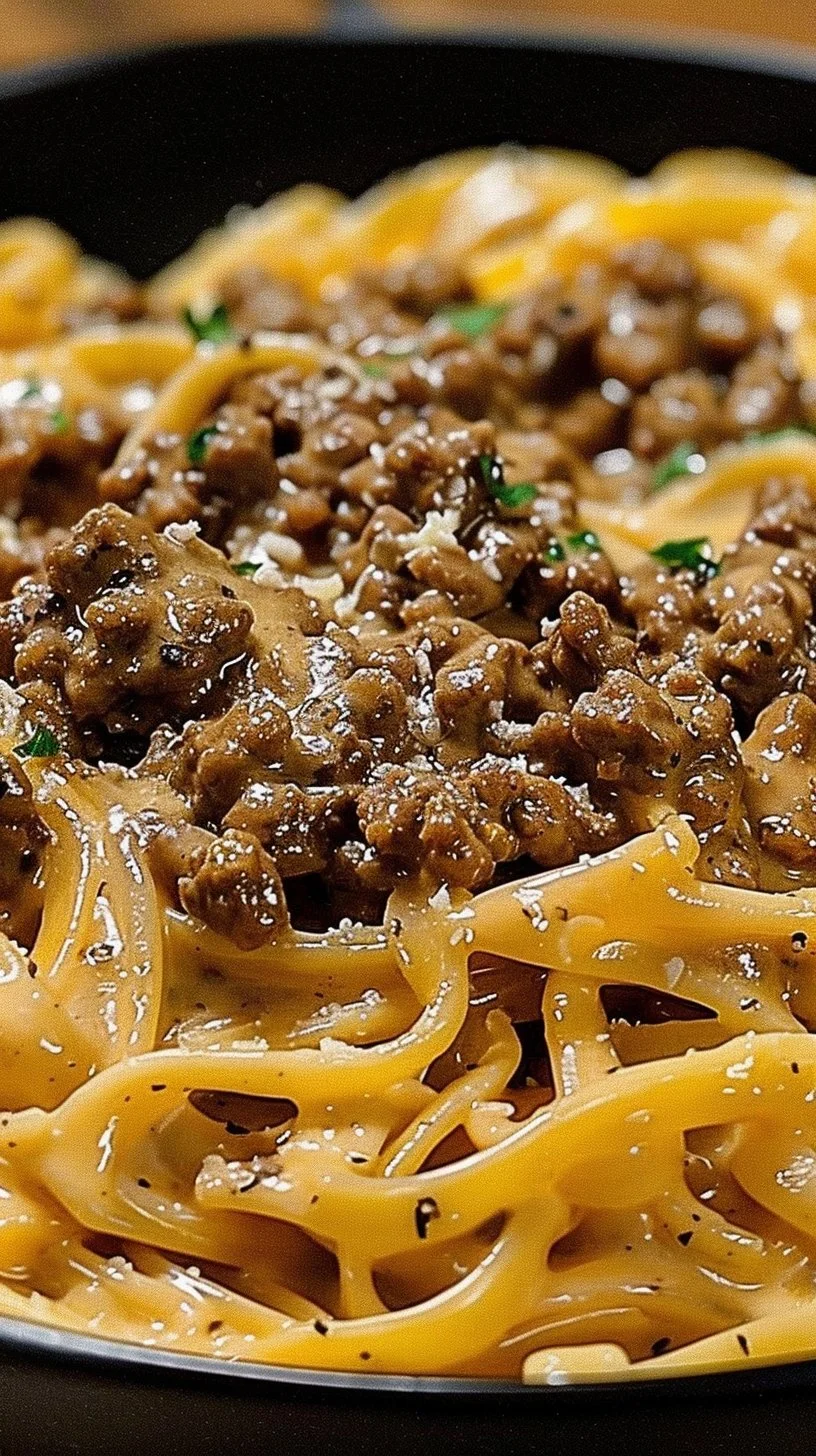 One-pot creamy beef and garlic butter pasta in a serving bowl
