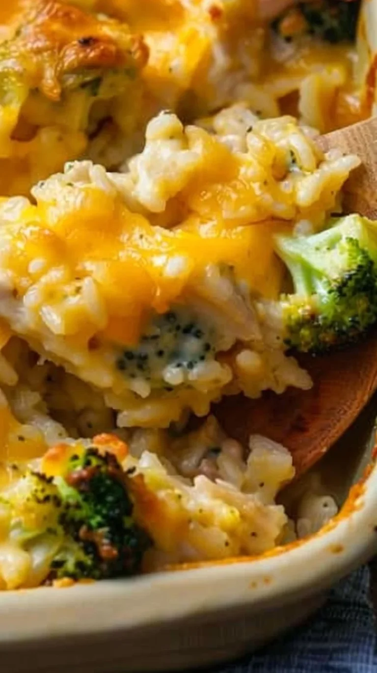 Oven Baked Chicken Broccoli Rice Casserole with cheese and vegetables