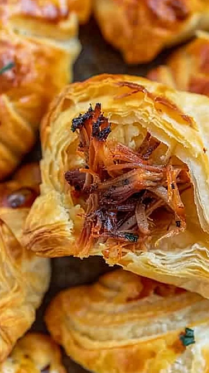 Delicious pulled pork pastry puffs on a wooden serving board