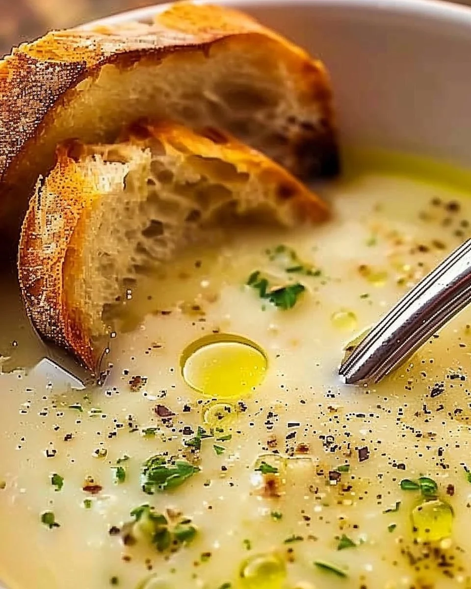 Bowl of Rustic Country French Style Garlic Soup with herbs and croutons