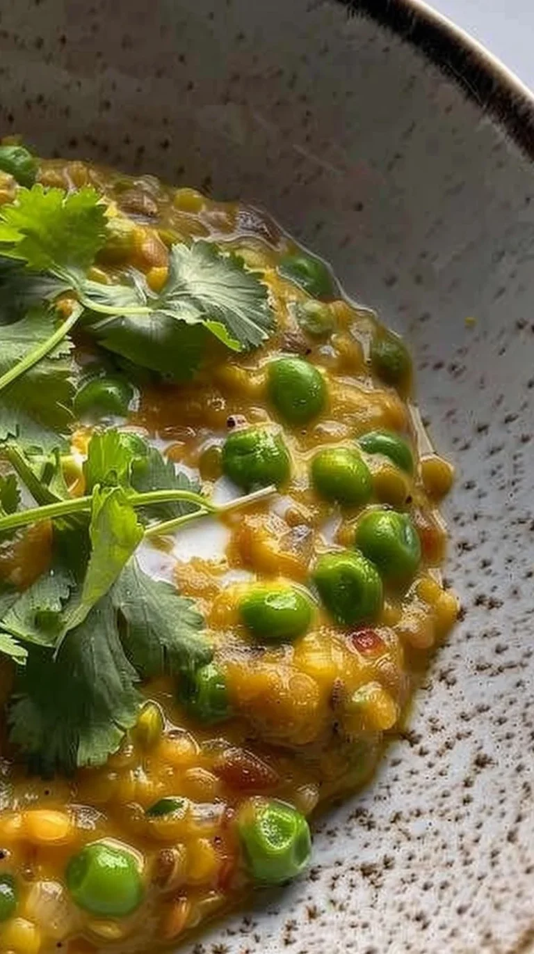 Delicious speedy lentil coconut curry in a bowl, garnished with fresh herbs.