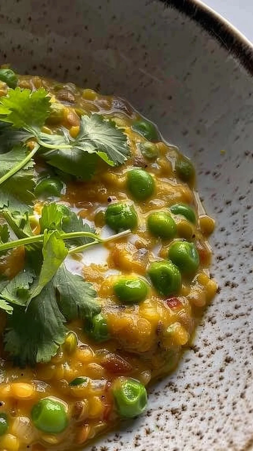 Delicious speedy lentil coconut curry in a bowl, garnished with fresh herbs.