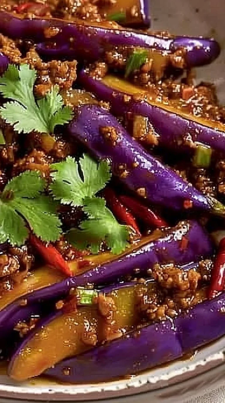 Delicious spicy eggplant stir-fry with minced pork and vibrant vegetables.
