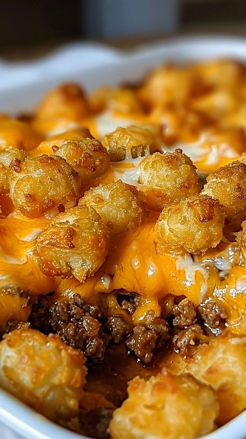Tater Tot Casserole with Ground Beef topped with golden, crispy tater tots.
