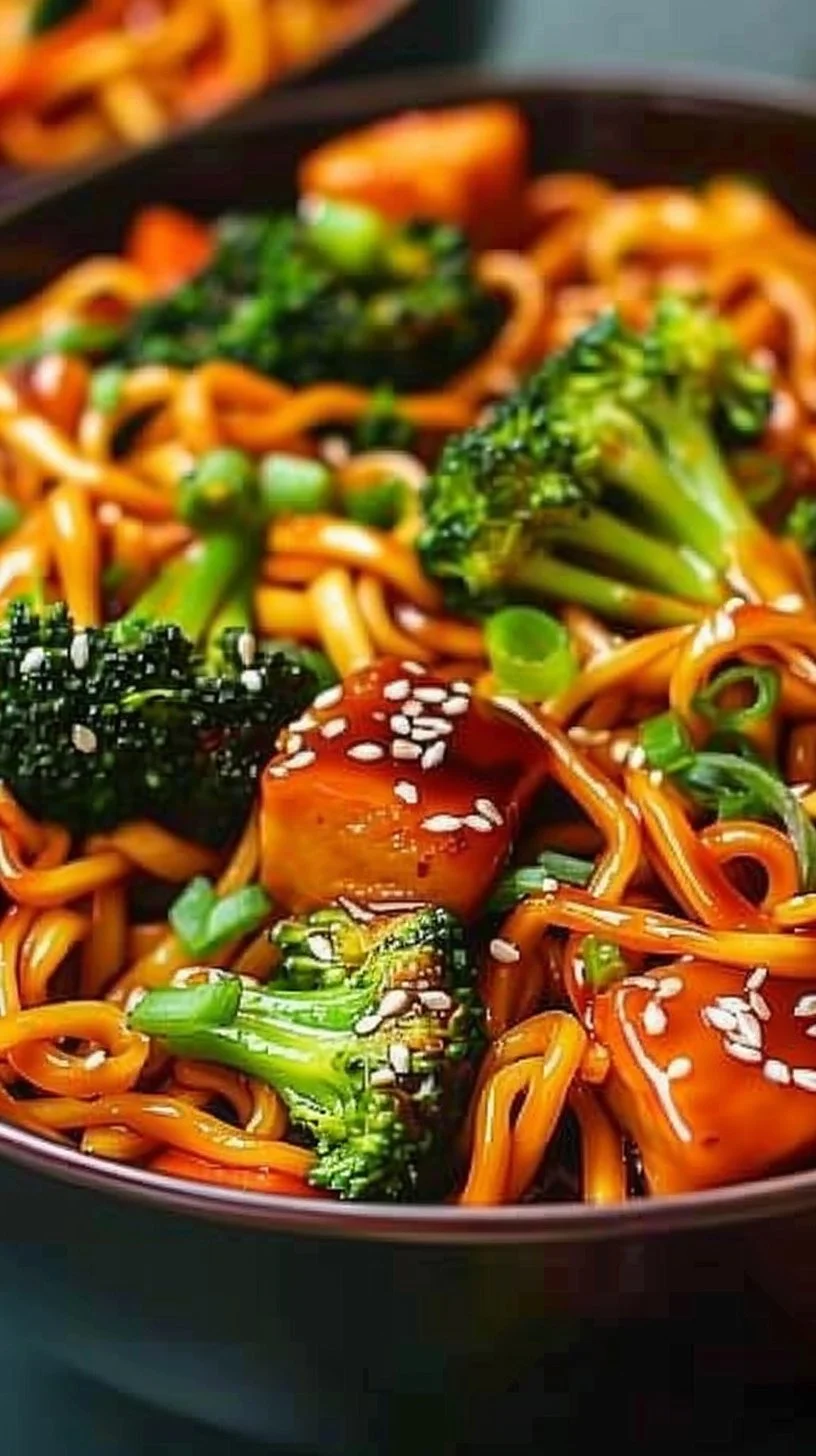 Vegan Teriyaki Noodle Bowl with colorful vegetables and sauce