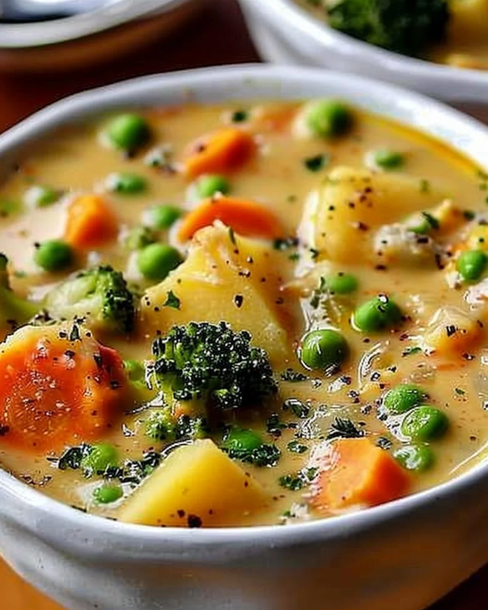 Delicious bowl of Veggie Pot Pie Soup with fresh vegetables and herbs