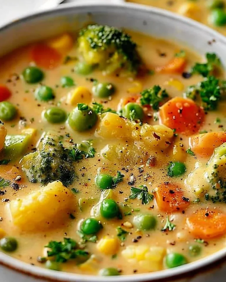 Bowl of Veggie Pot Pie Soup featuring vibrant vegetables and creamy broth