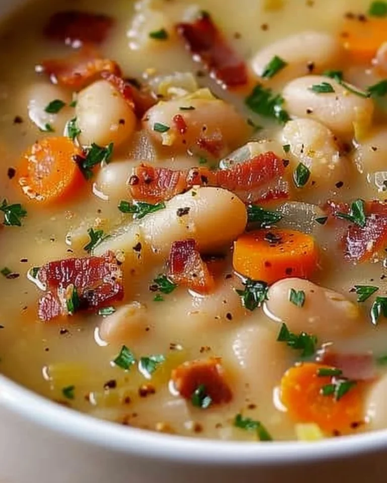 Bowl of white bean soup with bacon, garnished with herbs