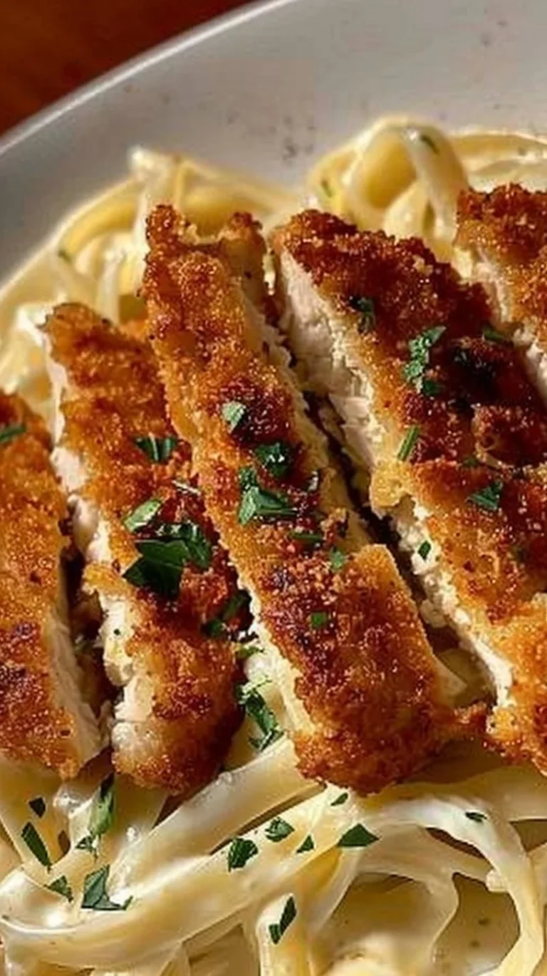 Delicious Alfredo pasta topped with crispy fried chicken served in a bowl