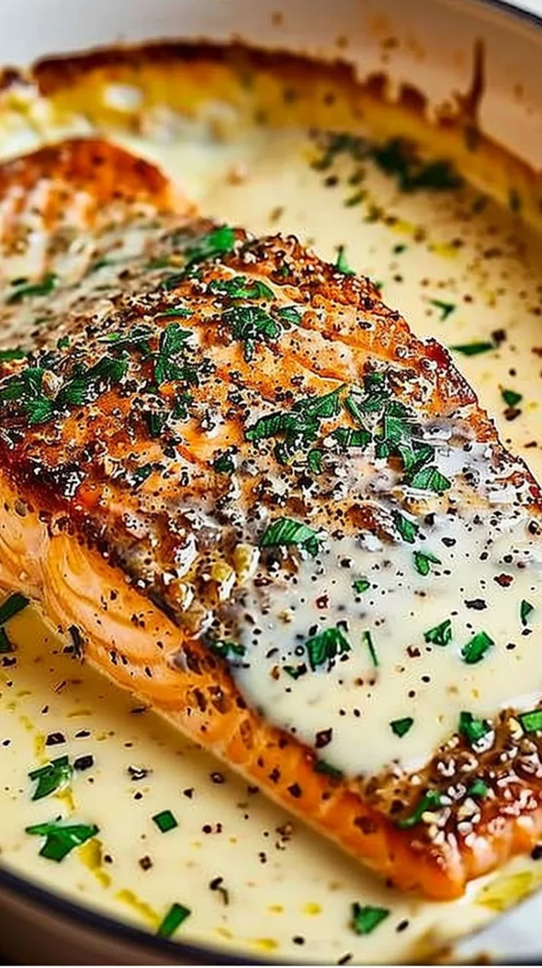 Baked Boursin Salmon on a plate, garnished with herbs and lemon.