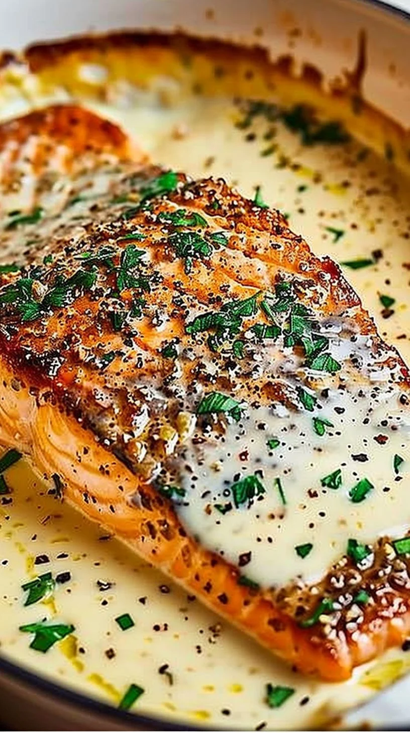 Baked Boursin Salmon on a plate, garnished with herbs and lemon.