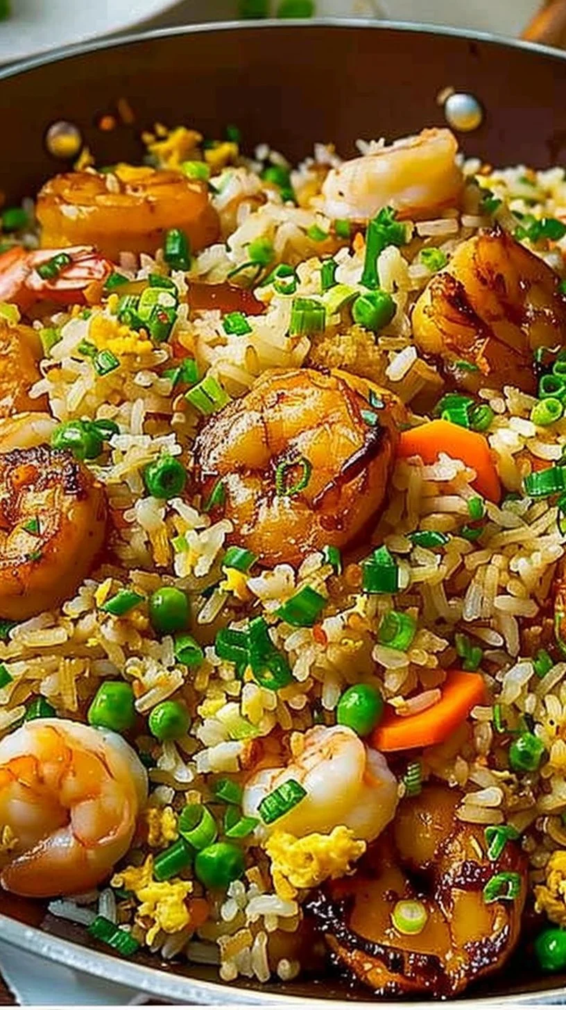 Plate of Bang Bang Fried Rice garnished with green onions and spices