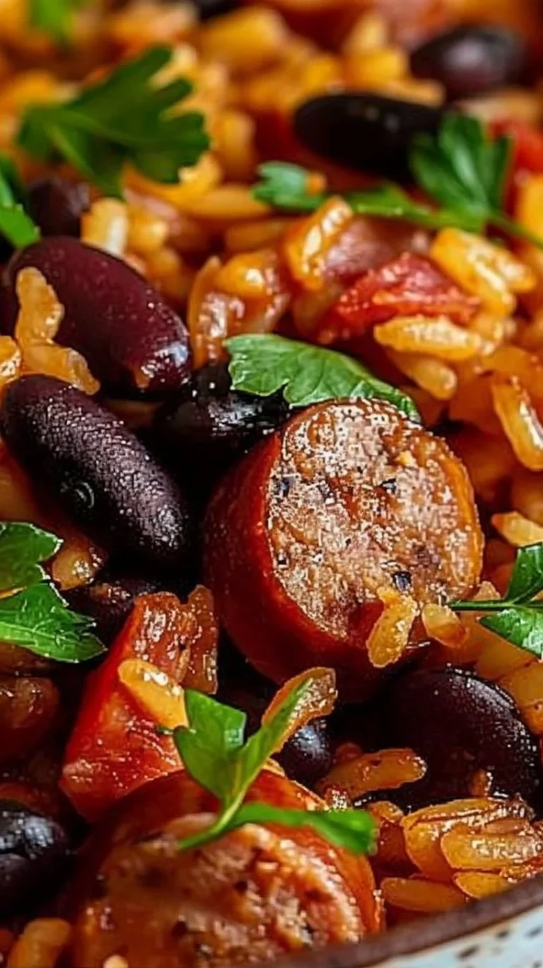 Delicious black beans and rice with sausage served in a bowl