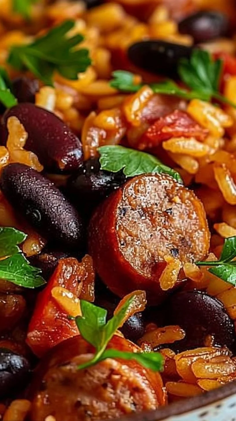 Delicious black beans and rice with sausage served in a bowl