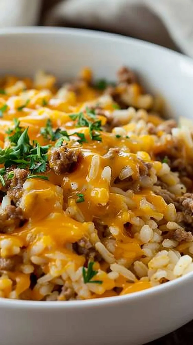 Cheesy Ground Beef and Rice Casserole garnished with herbs in a baking dish