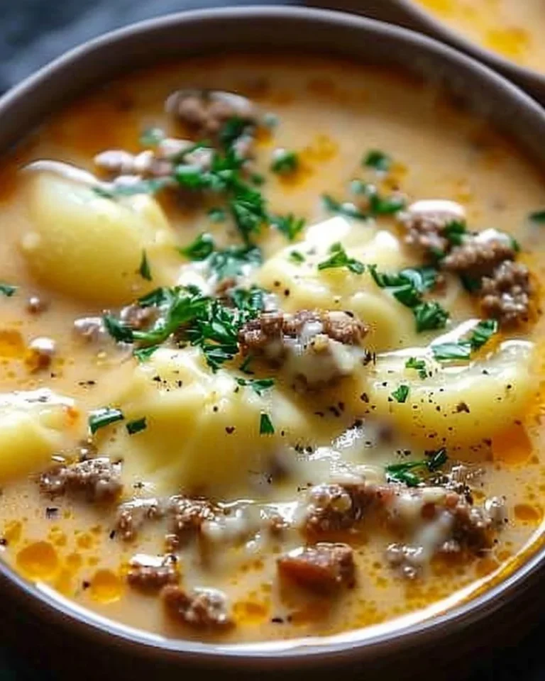 Bowl of Cheesy Hamburger Potato Soup topped with cheese and herbs
