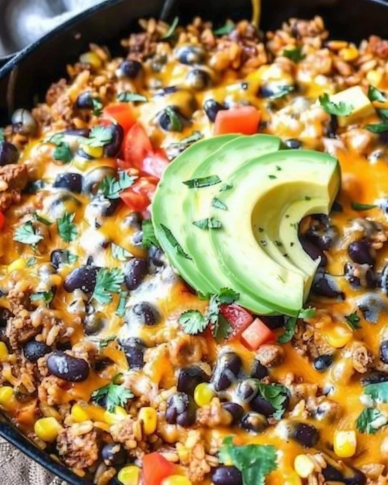 Cheesy Taco Rice Skillet topped with cheese and garnished with cilantro.