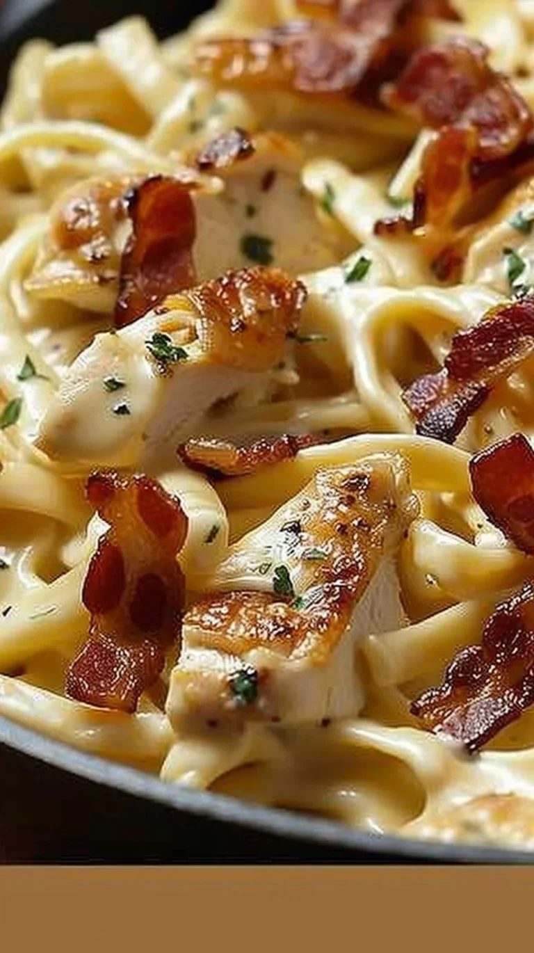 Delicious Chicken Bacon Ranch Pasta in a creamy sauce with bacon and chicken