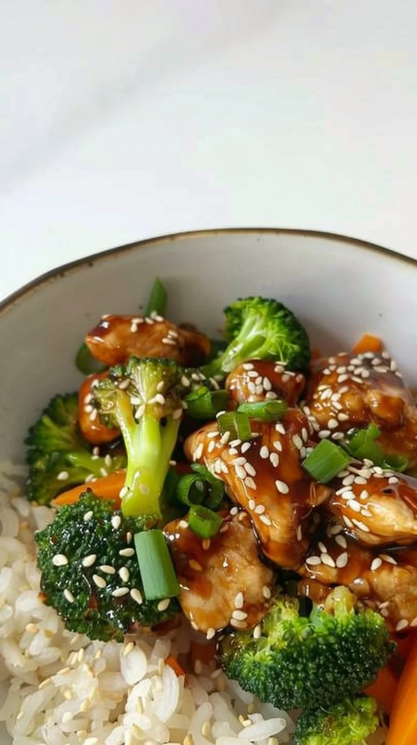 Delicious Chicken Teriyaki Bowl topped with fresh vegetables and savory sauce.