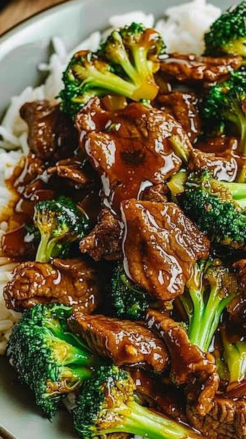 Plate of Chinese Beef and Broccoli served with steamed rice
