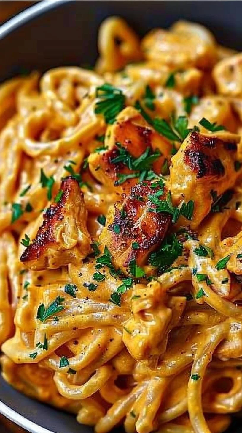 Plate of Cowboy Butter Chicken Pasta garnished with herbs.