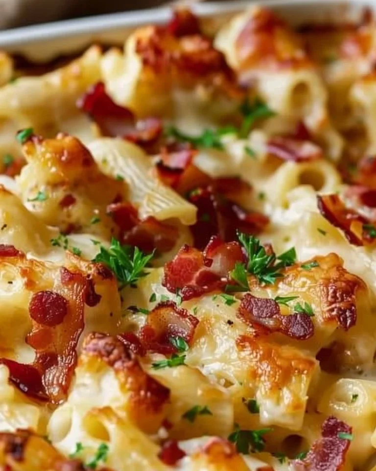 Delicious Crazy Good Casserole served in a white baking dish topped with cheese.