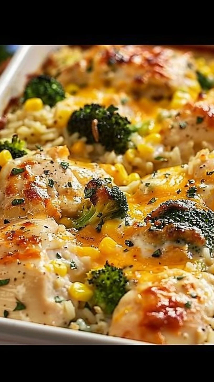 Creamy chicken and rice bake topped with herbs and cheese in a serving dish