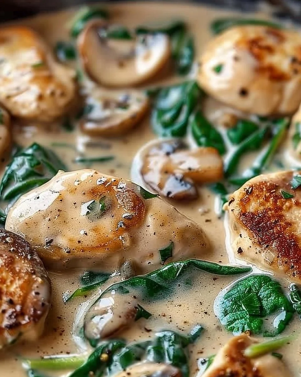 Creamy chicken mushroom spinach skillet dish with vibrant colors and textures