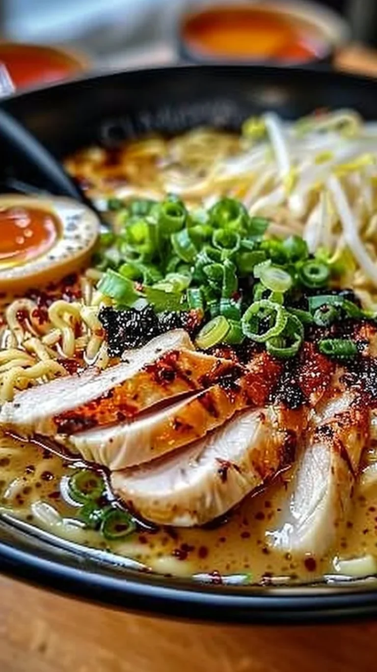 Bowl of creamy garlic chicken ramen garnished with green onions and cilantro.