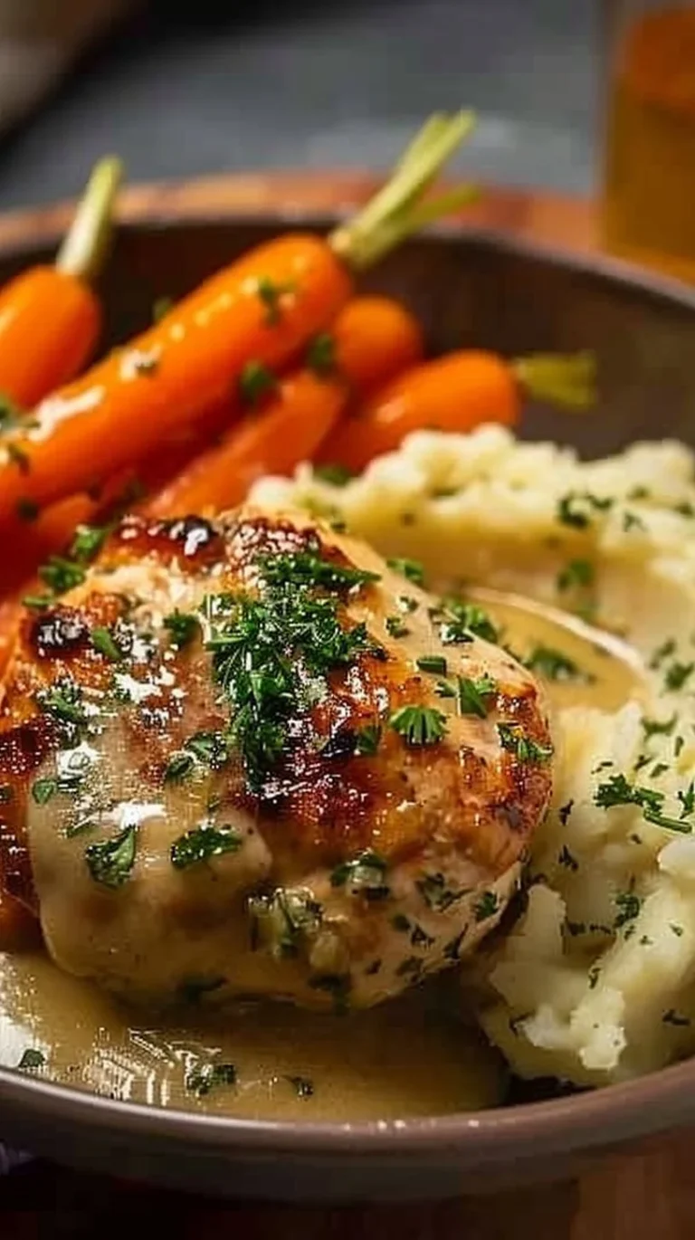 Delicious creamy herb chicken dish served with mashed potatoes and honey glazed carrots