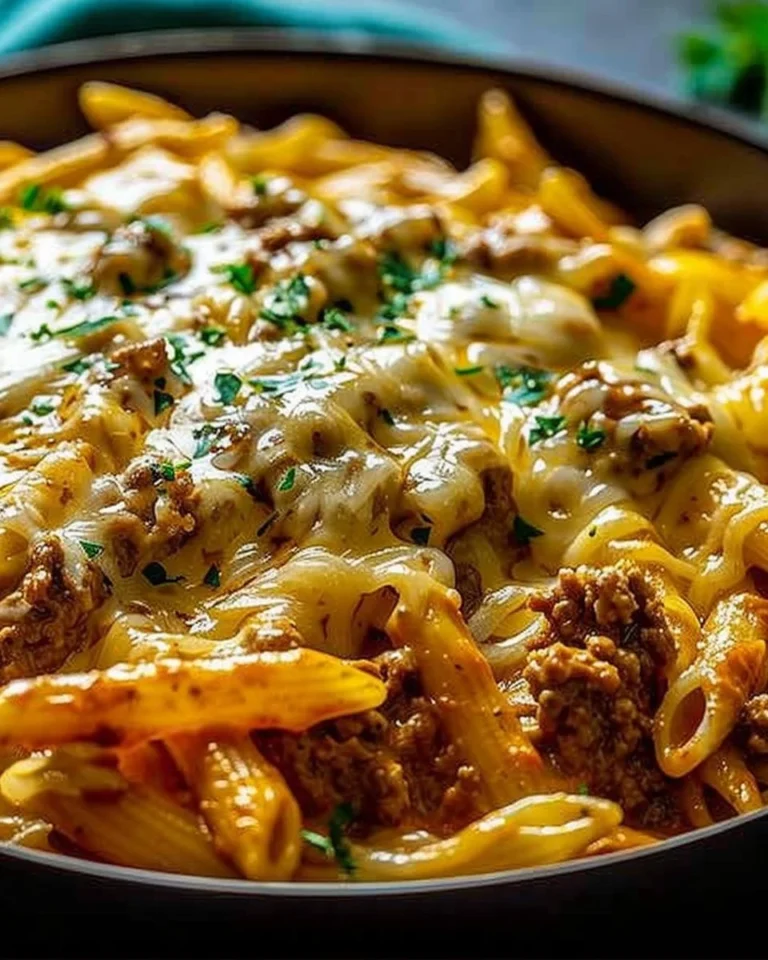 Creamy high protein beef pasta dish with herbs and cheese toppings