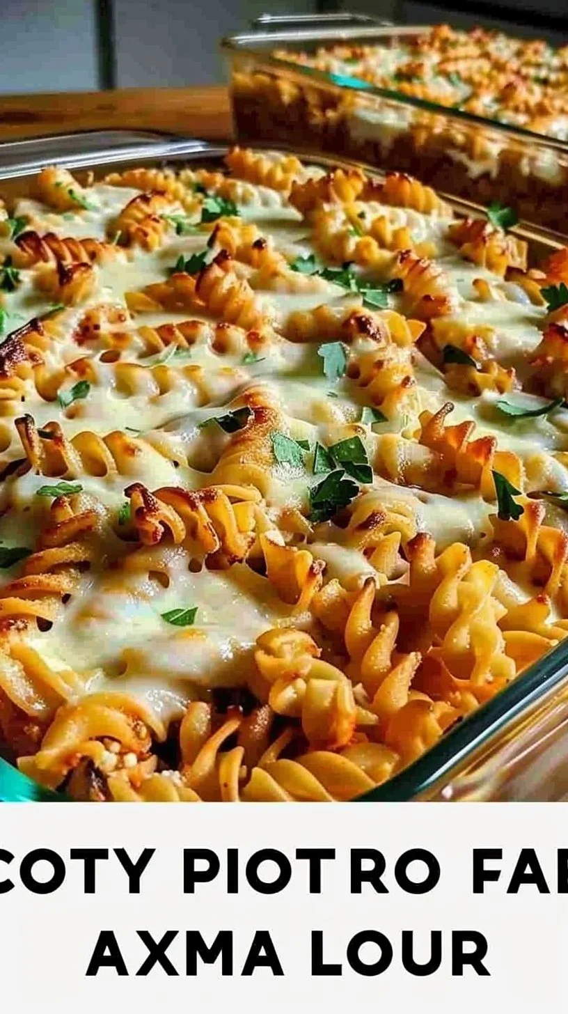 Creamy protein-packed pasta bake dish served on a plate, garnished with herbs.