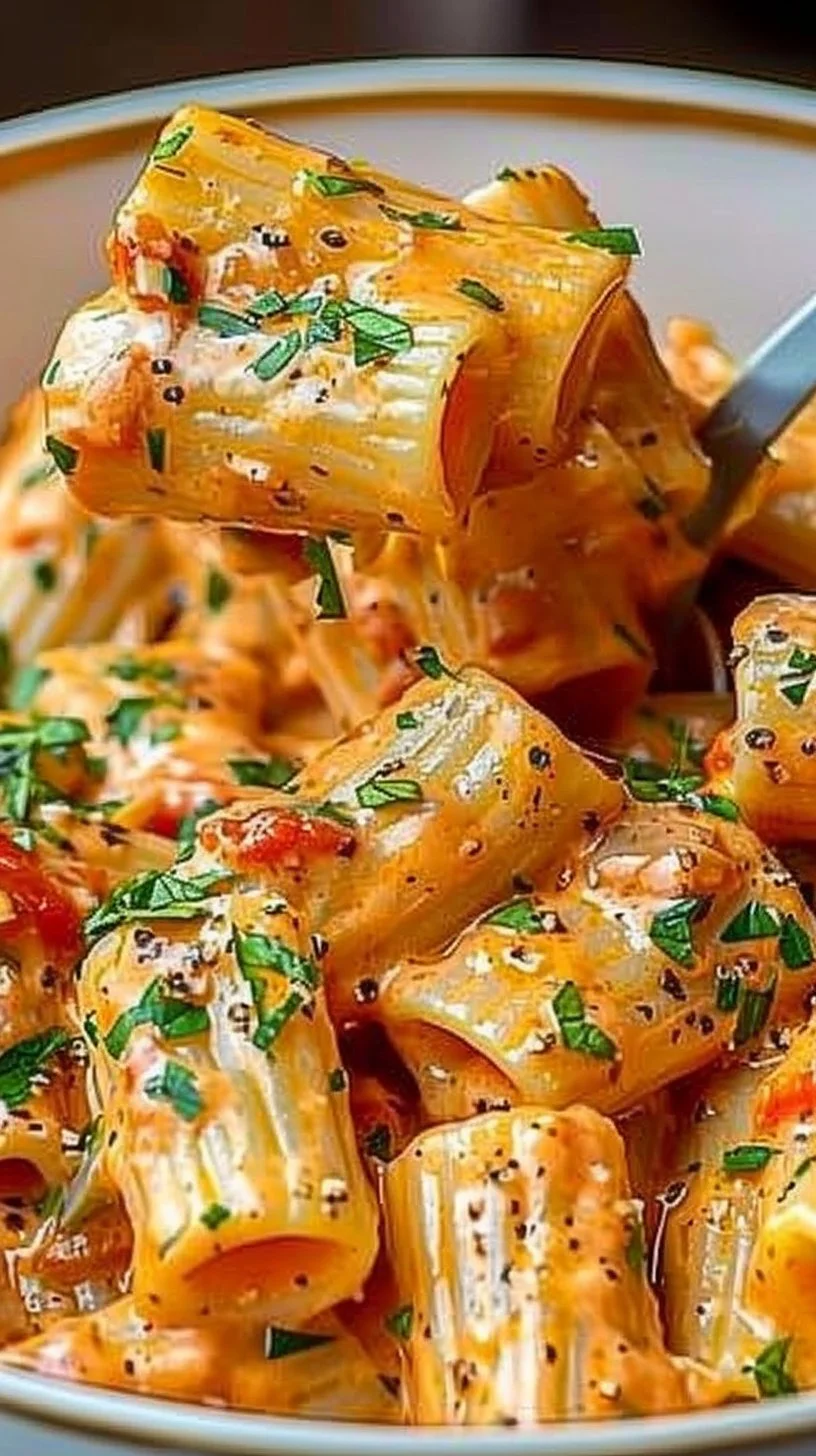 Delicious creamy tomato garlic pasta served in a bowl with fresh basil.