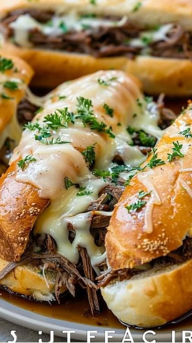 Delicious Crockpot French Dip Sandwiches served with savory dipping sauce.