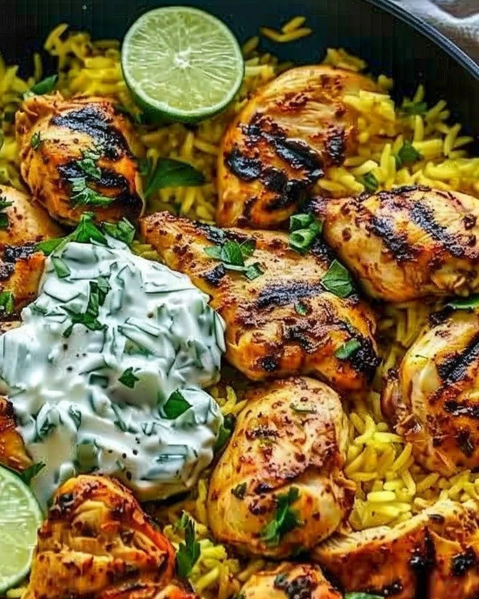 Dump and bake chicken tzatziki rice dish served with fresh garnishes