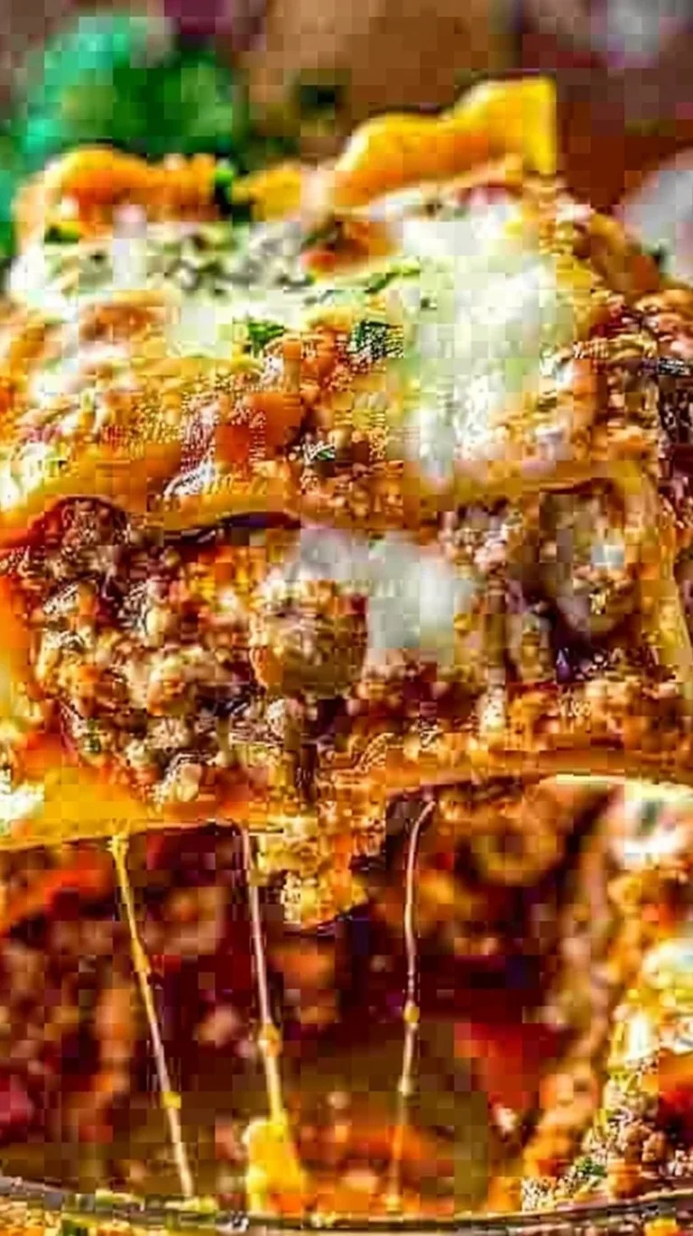 Easy no boil lasagna layered with cheese and sauce in a baking dish.