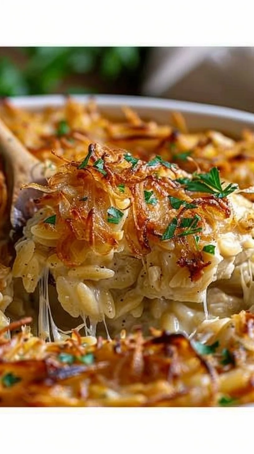 French Onion Chicken Orzo Casserole topped with melted cheese and garnished
