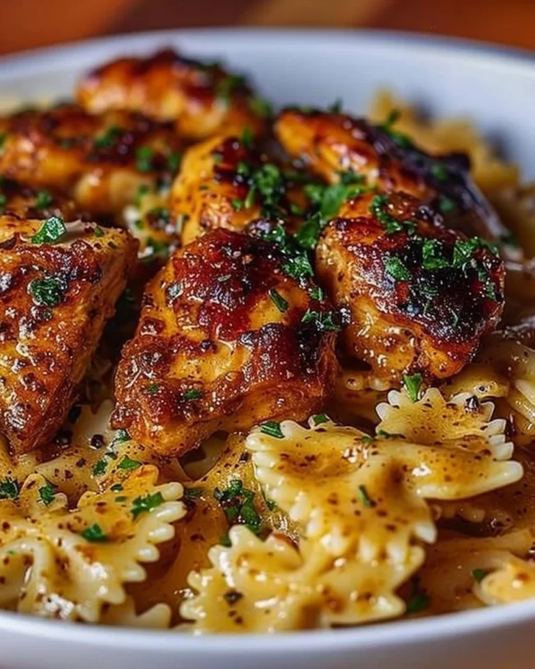 Plate of Garlic Butter Chicken with bowtie pasta, garnished with parsley