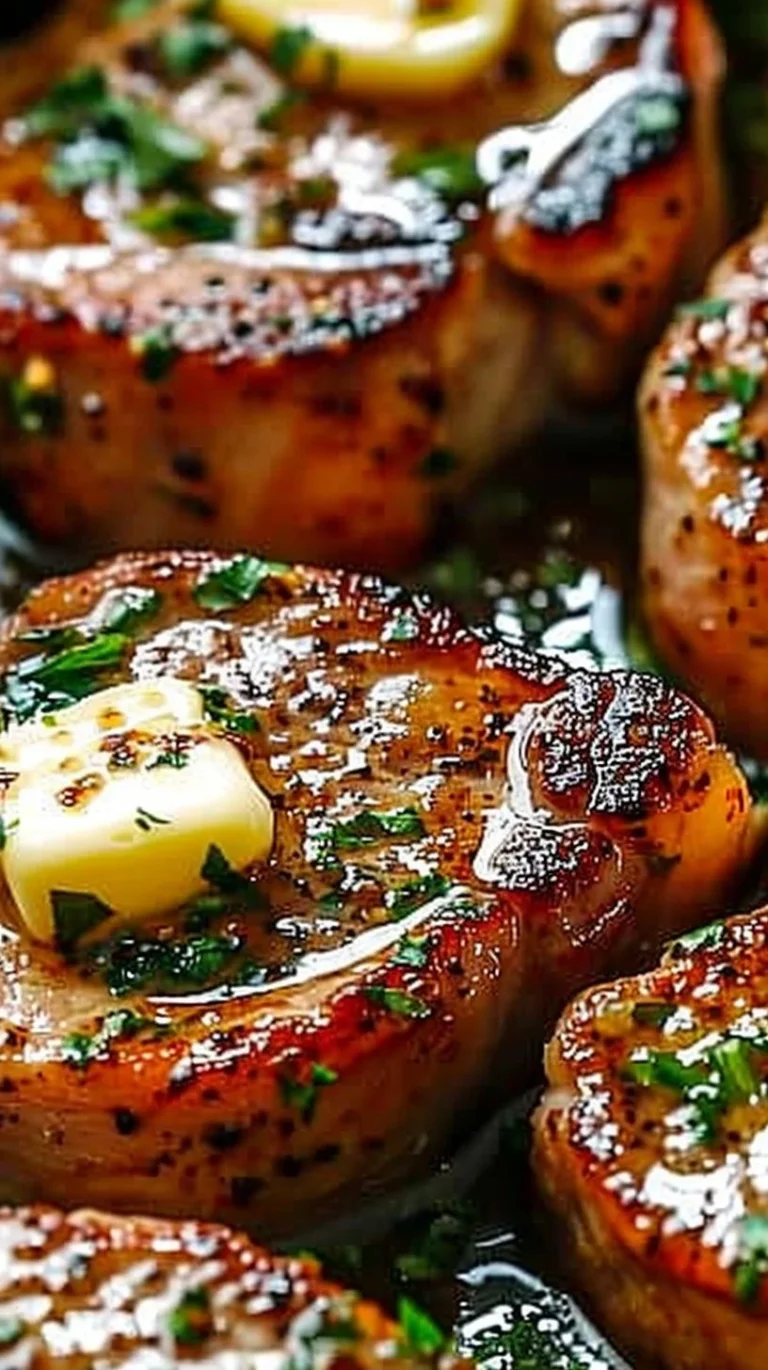 Garlic butter pan-seared pork chops served on a plate with herbs.