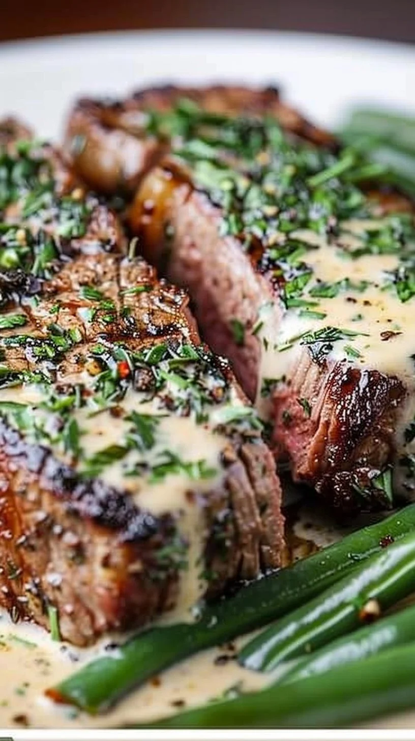 Garlic Butter Steak with creamy Parmesan sauce on a plate