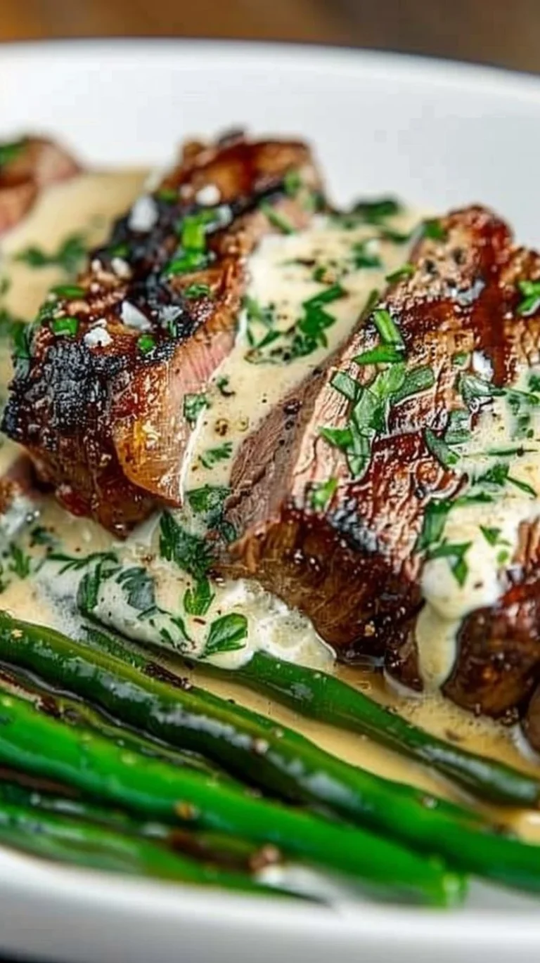 Garlic butter steak drizzled with creamy parmesan sauce