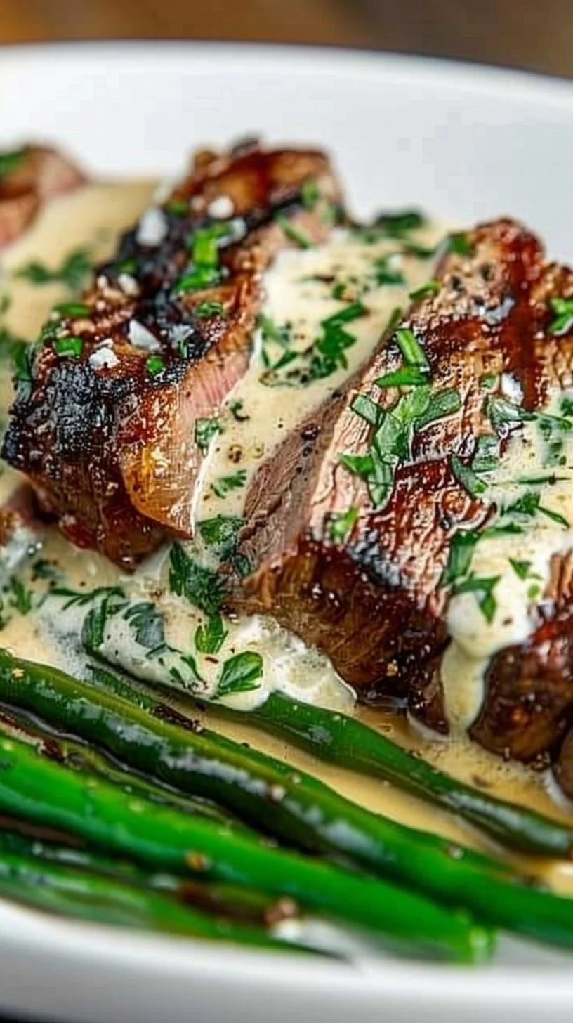 Garlic butter steak drizzled with creamy parmesan sauce