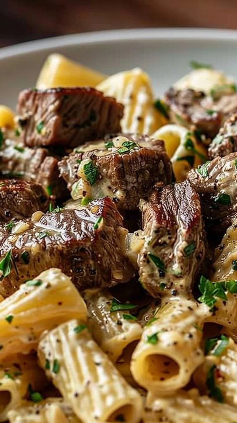 Delicious Garlic Steak Pasta with tender steak slices and rich garlic sauce