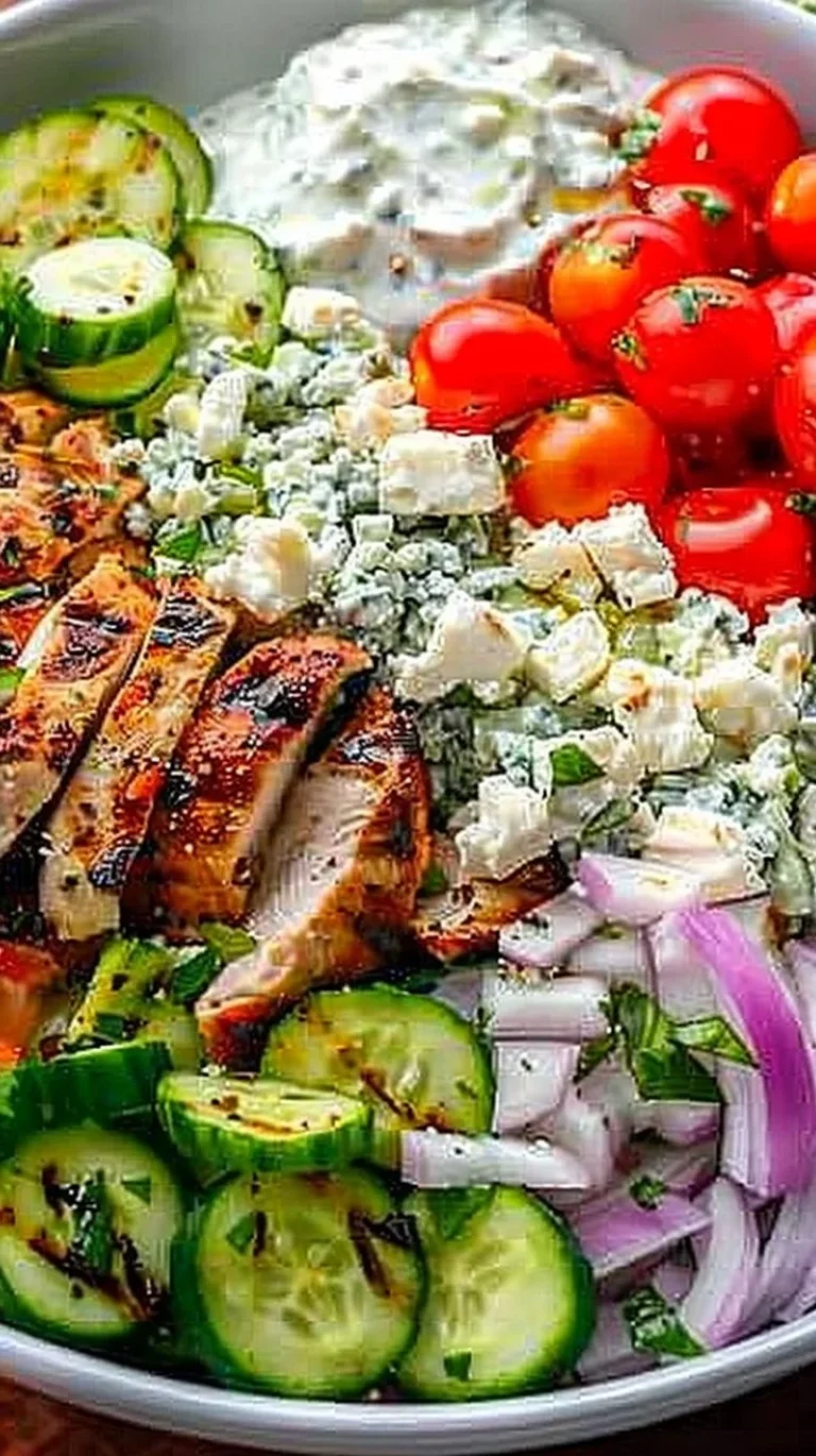 Delicious Greek Chicken Bowls with marinated chicken and fresh vegetables