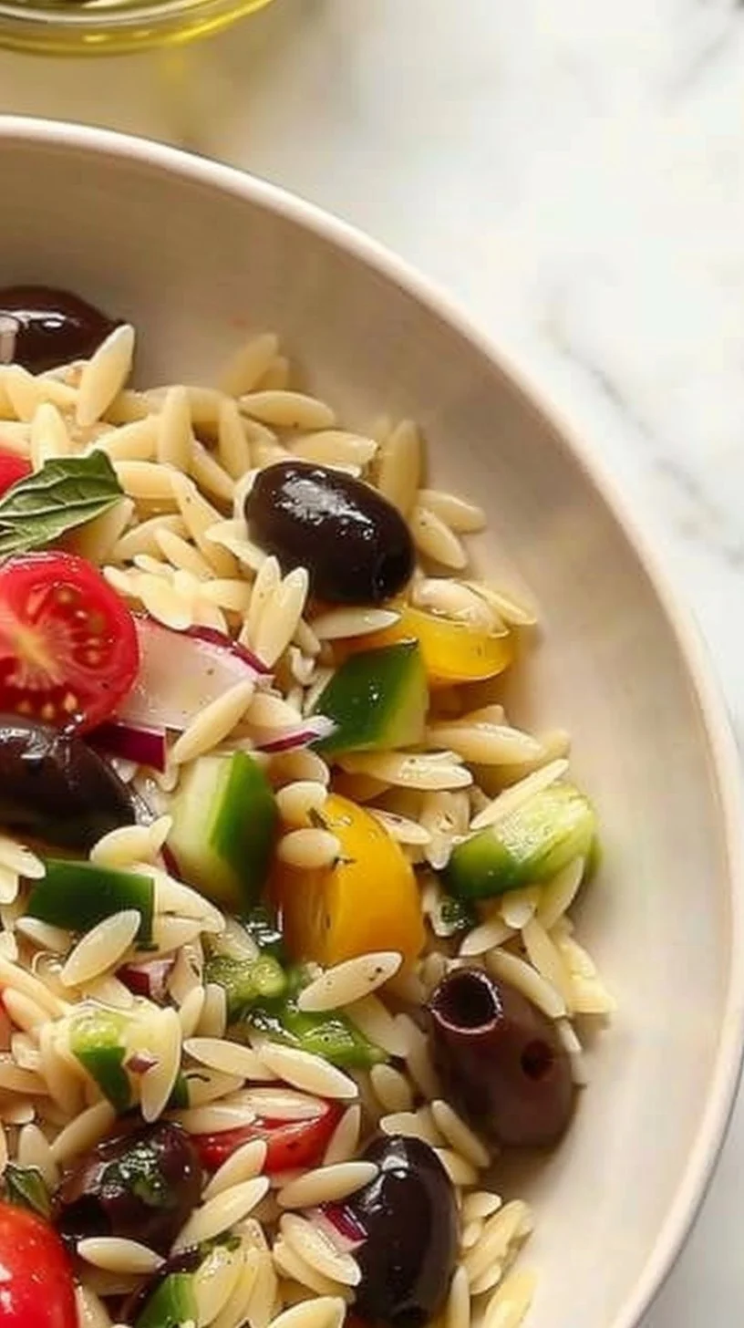 Delicious Greek Orzo Salad with vegetables and feta cheese