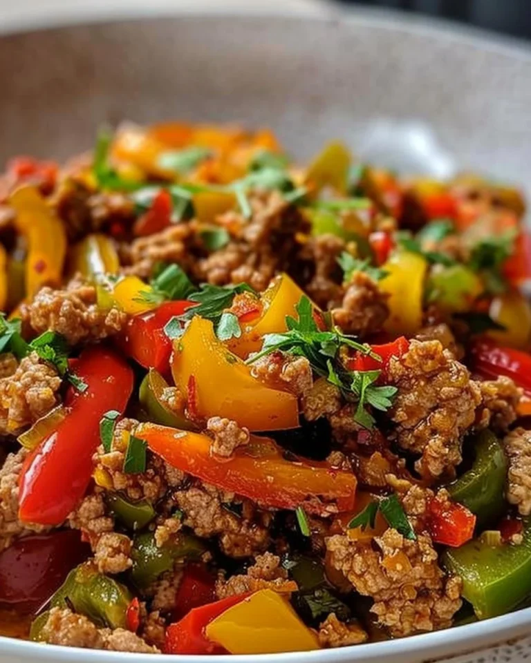 Ground turkey and peppers sautéed in a skillet for a healthy meal.