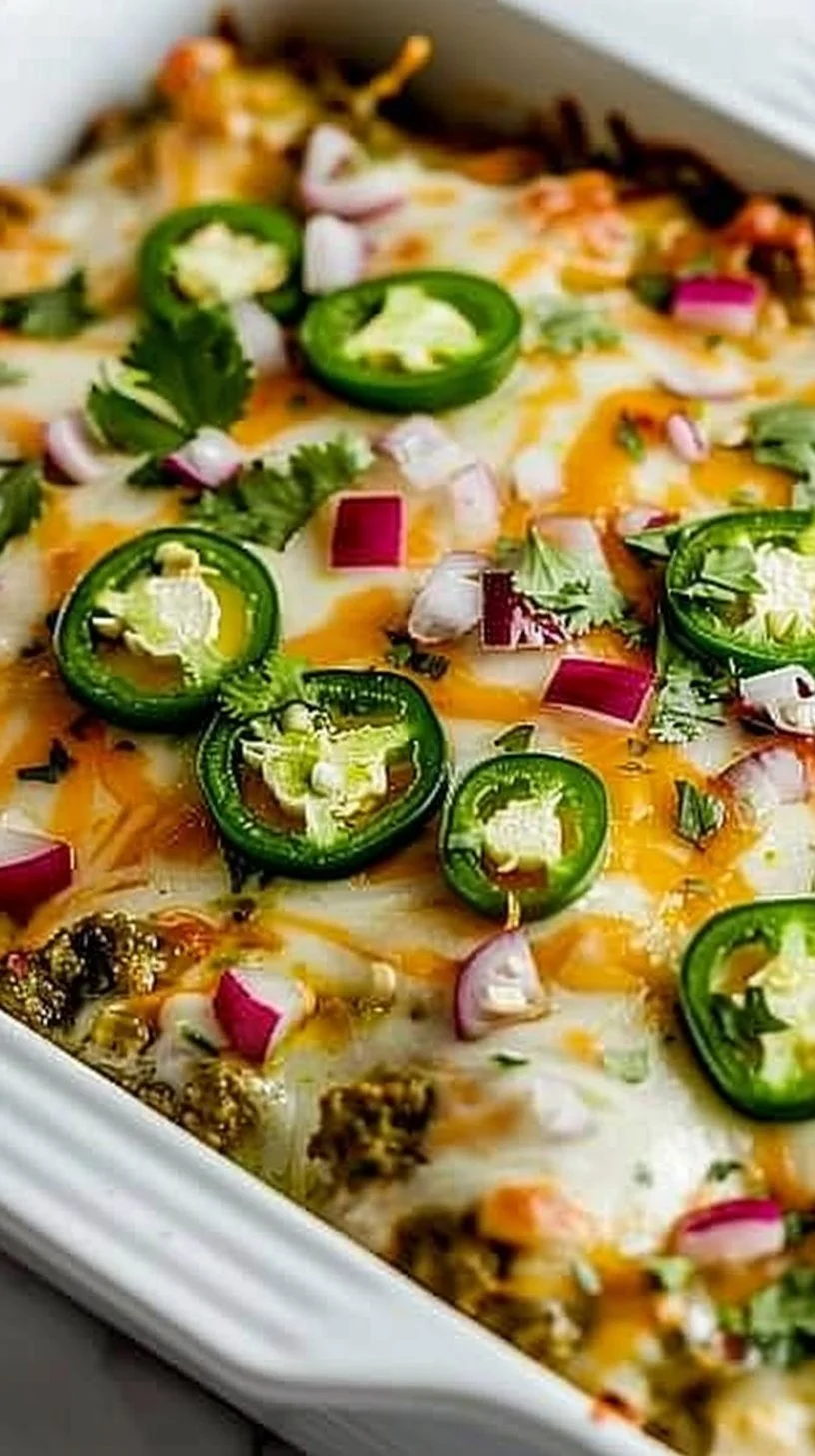 Healthy Salsa Verde Chicken Casserole with toppings in a baking dish