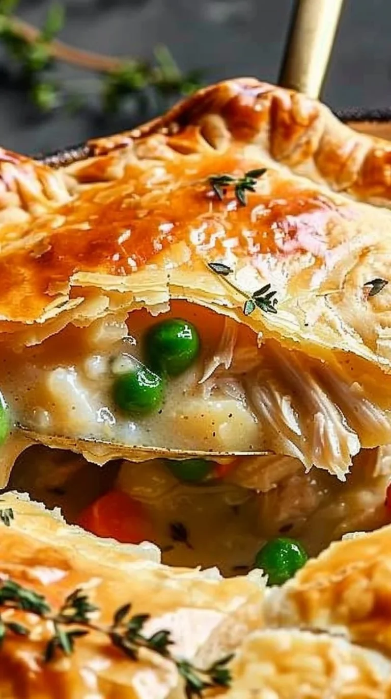 Homemade chicken pot pie casserole topped with golden, flaky crust