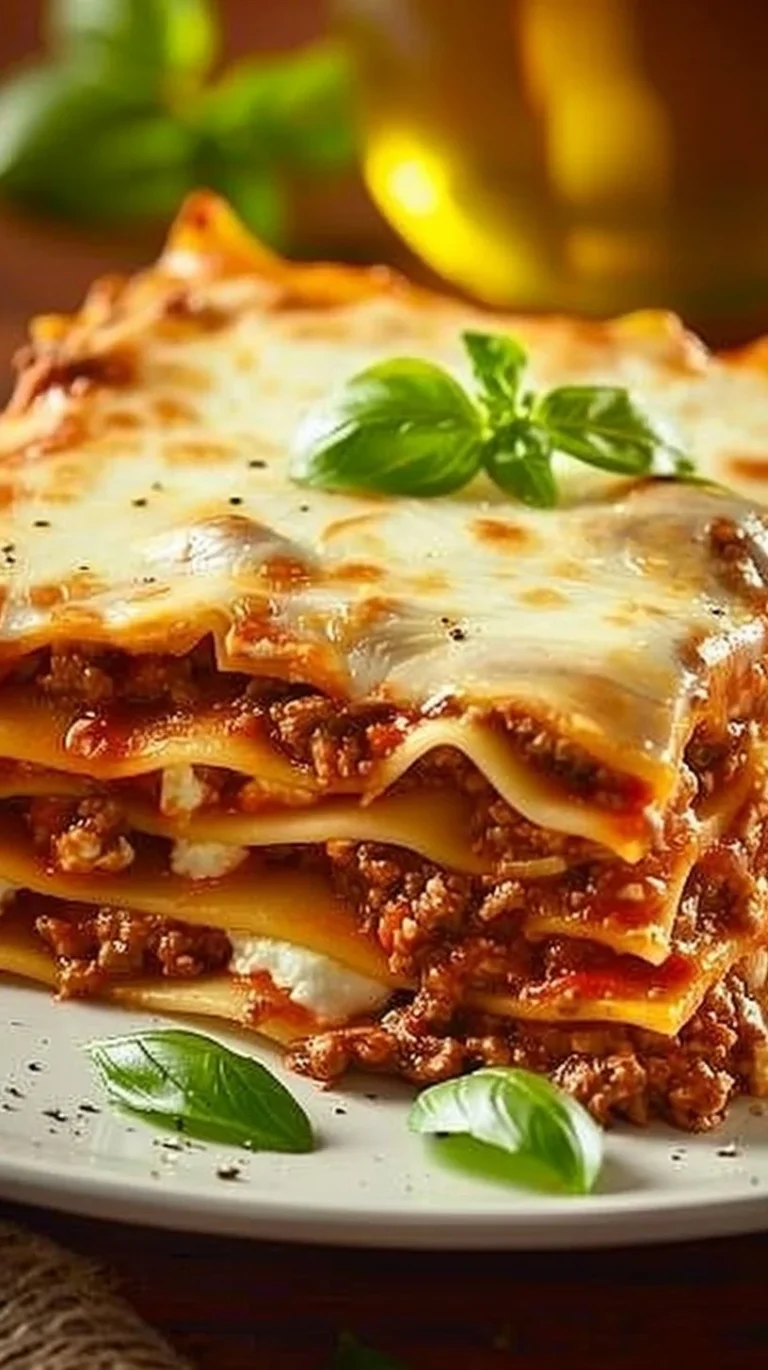 Delicious homemade lasagna with layers of pasta, cheese, and rich meat sauce
